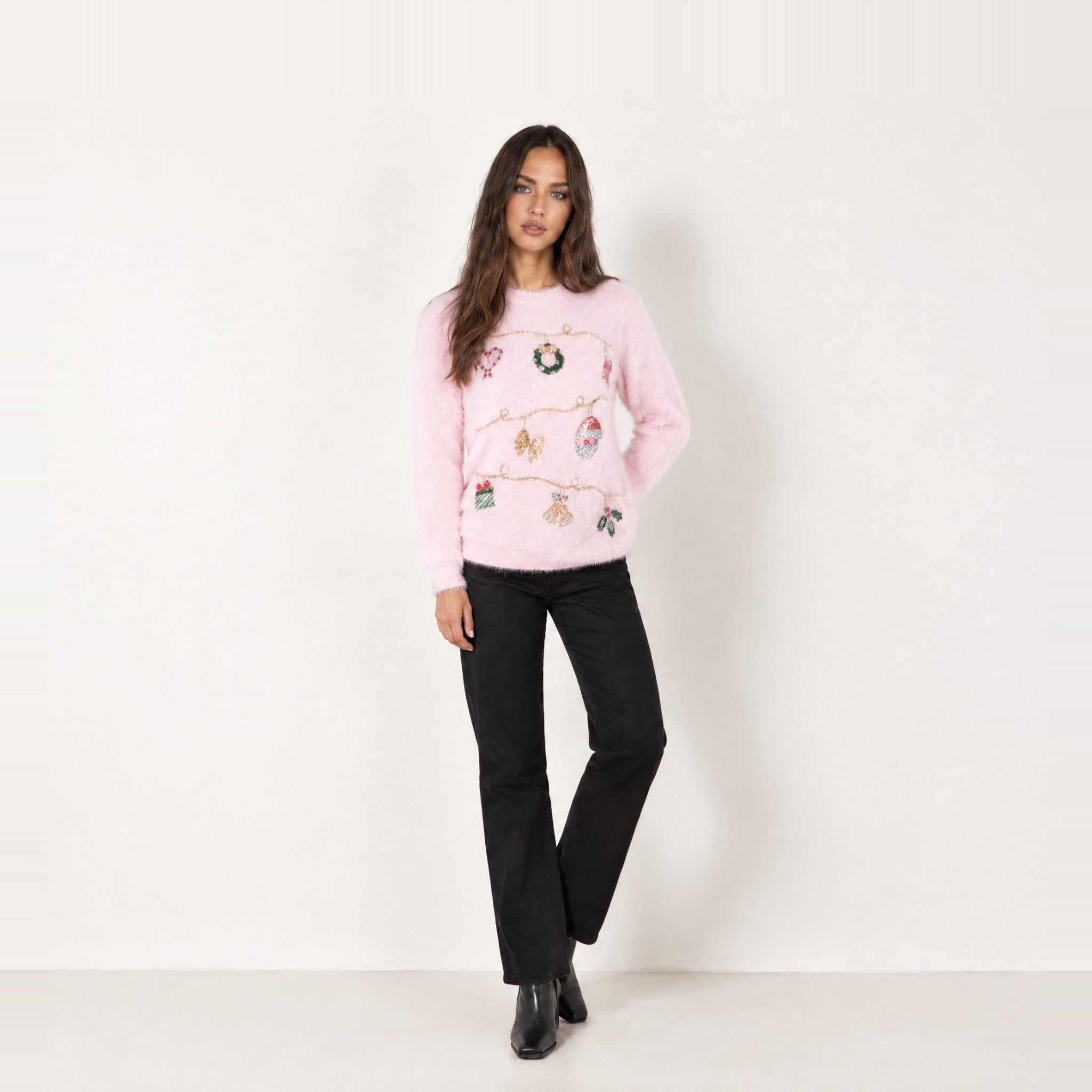 Pink Christmas Jumper Fluffy Sequin Wreath