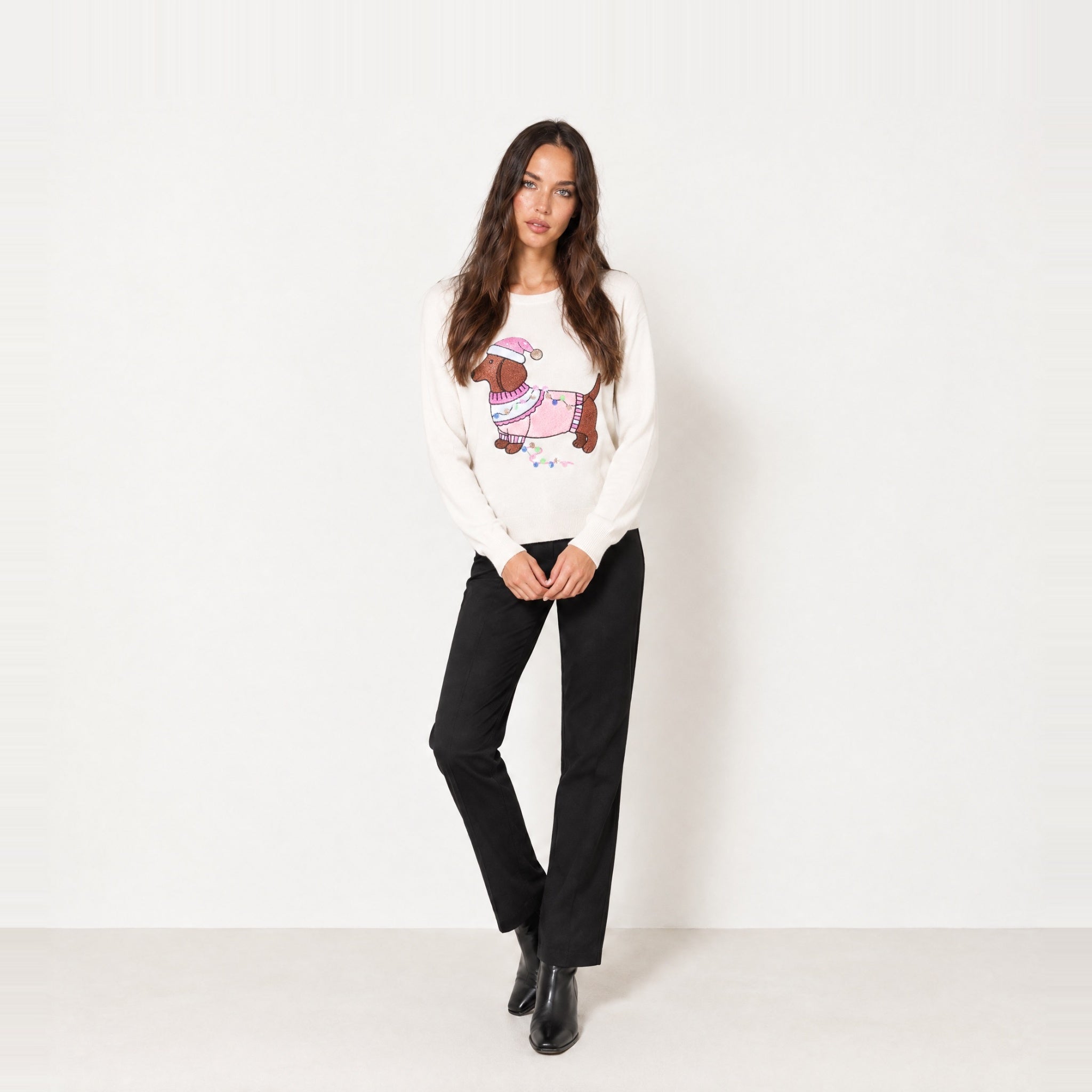 Ivory Christmas Jumper Sausage Dog Sequin