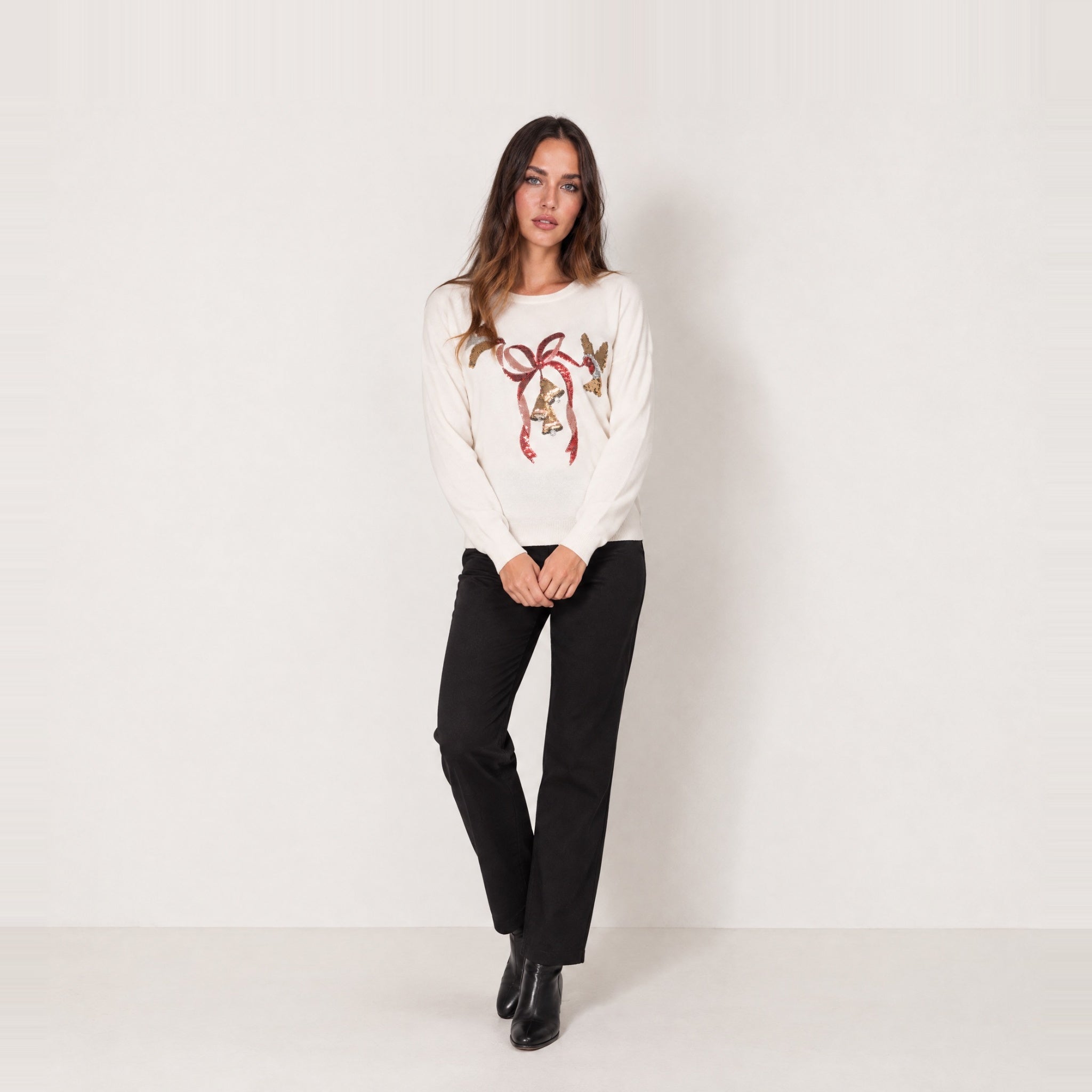 Ivory Christmas Jumper Sequin Bow Bells