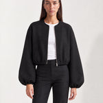 Black Collarless Jacket Cropped Bomber Jacket with Round Neck and Zip Front