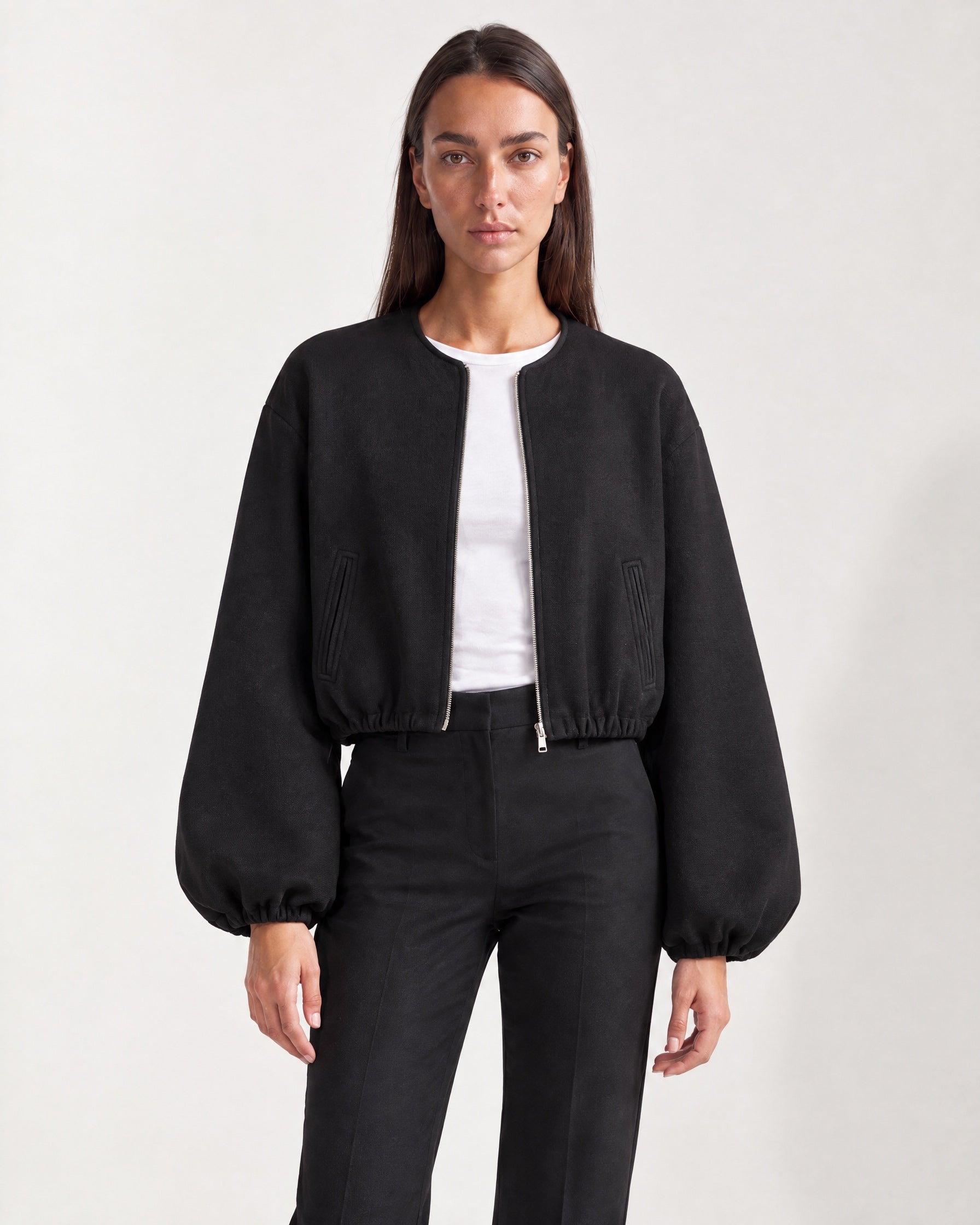 Black Collarless Jacket Cropped Bomber Jacket with Round Neck and Zip Front