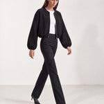 Black Collarless Jacket Cropped Bomber Jacket with Round Neck and Zip Front