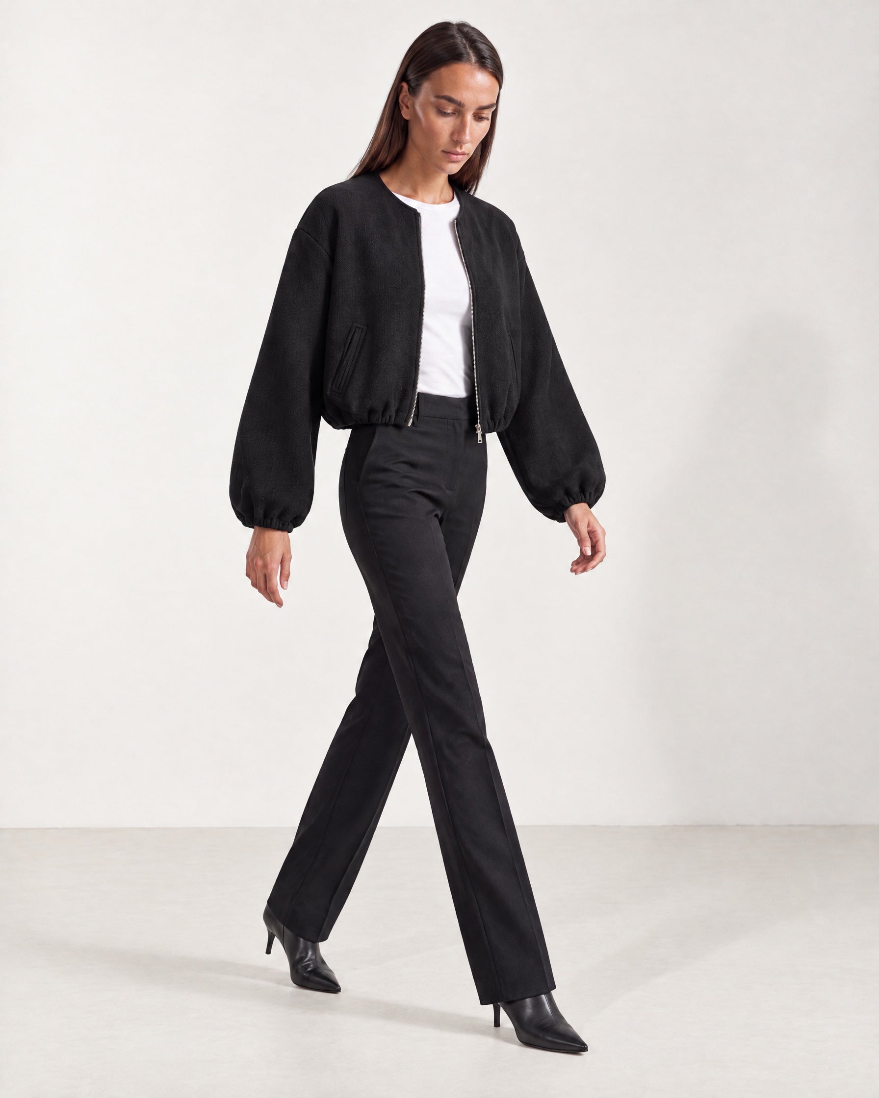Black Collarless Jacket Cropped Bomber Jacket with Round Neck and Zip Front