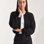 Black Collarless Jacket Cropped Bomber Jacket with Round Neck and Zip Front
