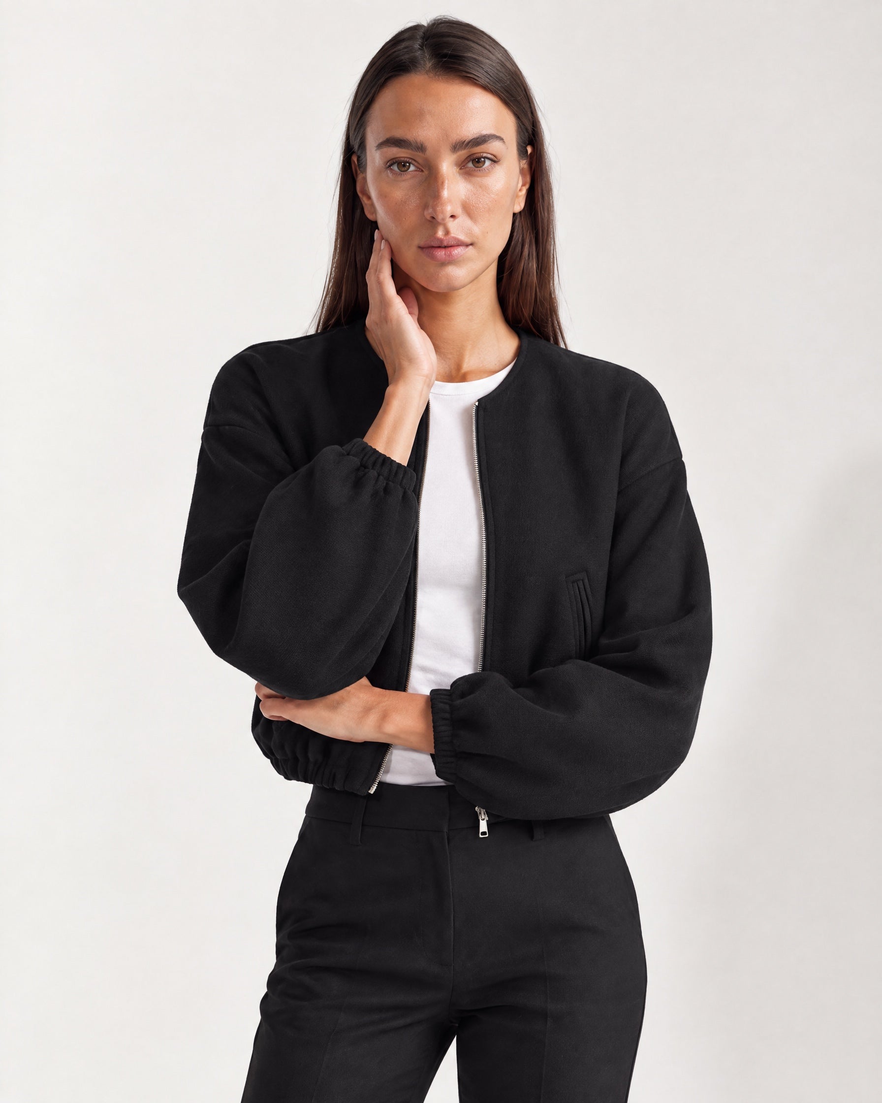Black Collarless Jacket Cropped Bomber Jacket with Round Neck and Zip Front
