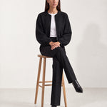 Black Collarless Jacket Cropped Bomber Jacket with Round Neck and Zip Front