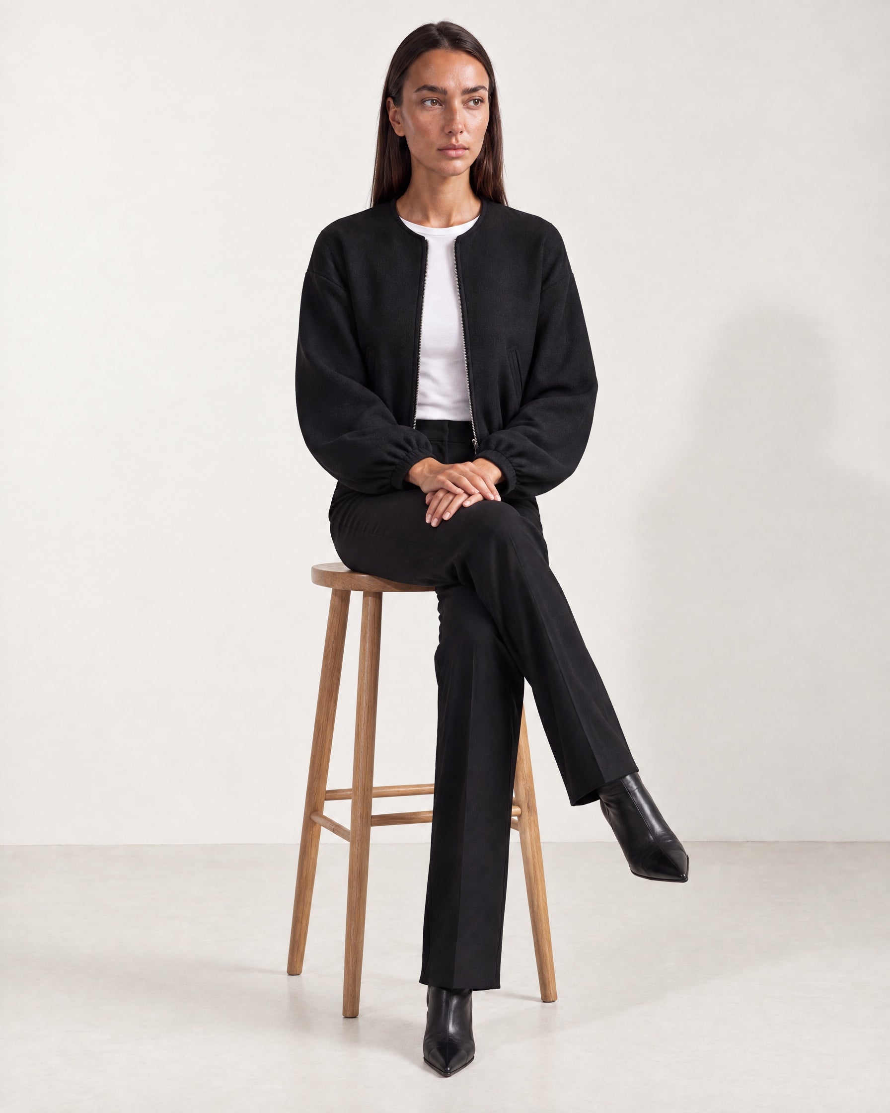 Black Collarless Jacket Cropped Bomber Jacket with Round Neck and Zip Front
