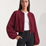 Burgundy Collarless Jacket Cropped Bomber Jacket with Round Neck and Zip Front