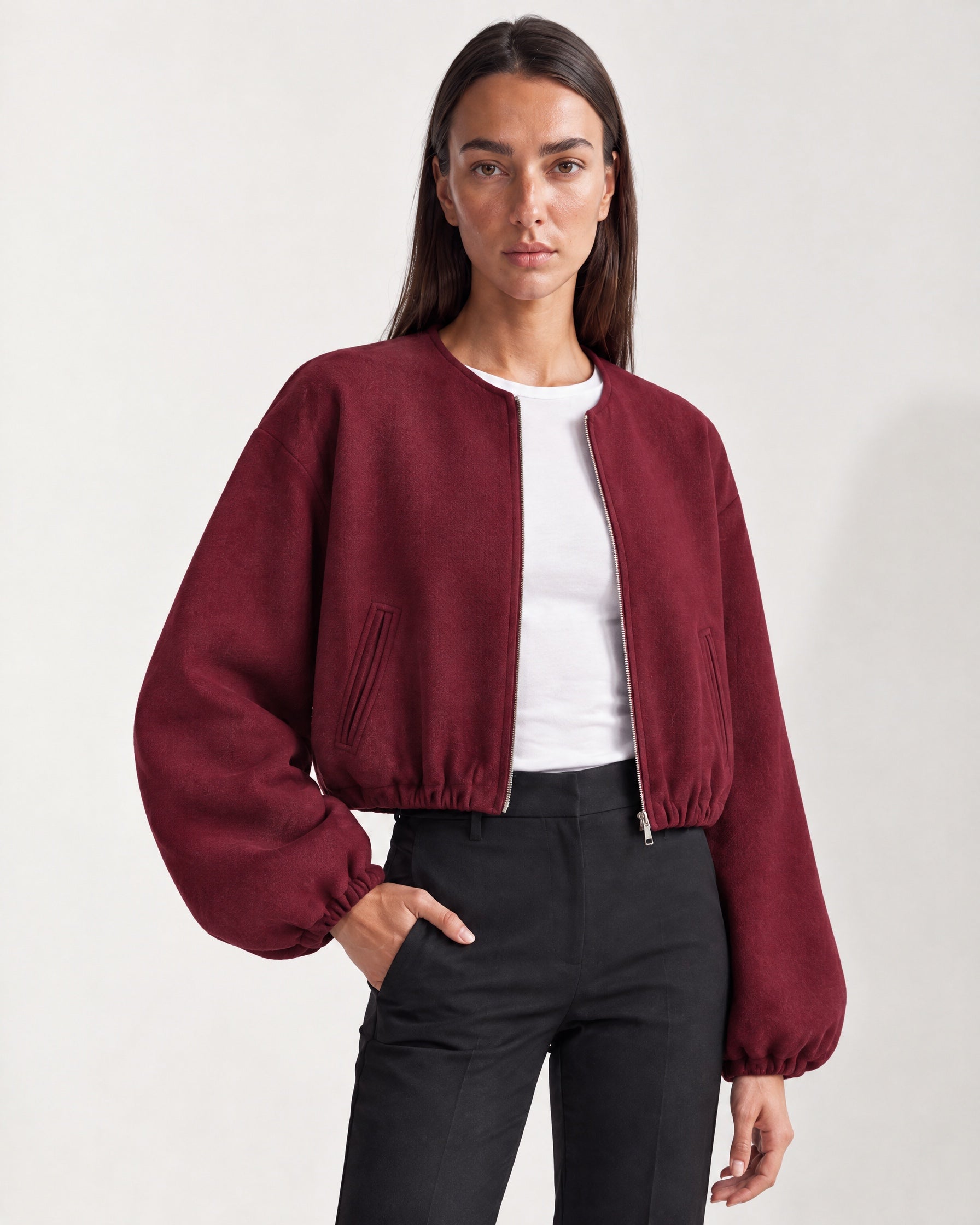 Burgundy Collarless Jacket Cropped Bomber Jacket with Round Neck and Zip Front