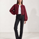 Burgundy Collarless Jacket Cropped Bomber Jacket with Round Neck and Zip Front