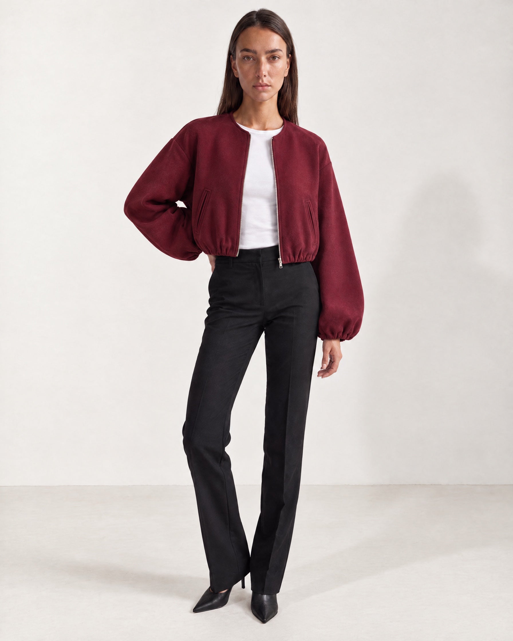 Burgundy Collarless Jacket Cropped Bomber Jacket with Round Neck and Zip Front