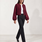 Burgundy Collarless Jacket Cropped Bomber Jacket with Round Neck and Zip Front