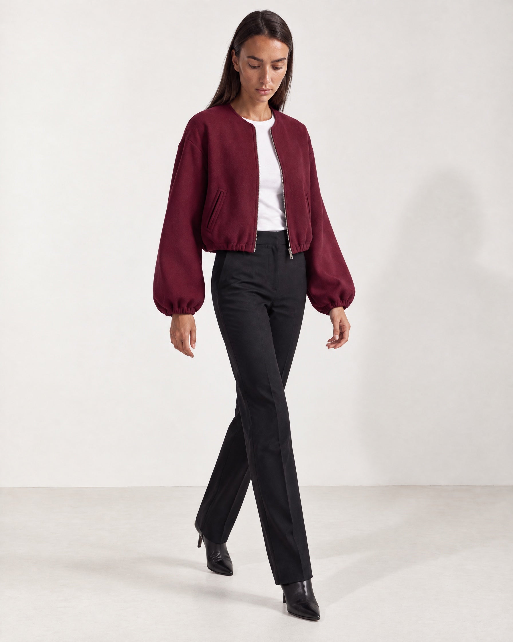 Burgundy Collarless Jacket Cropped Bomber Jacket with Round Neck and Zip Front