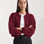 Burgundy Collarless Jacket Cropped Bomber Jacket with Round Neck and Zip Front