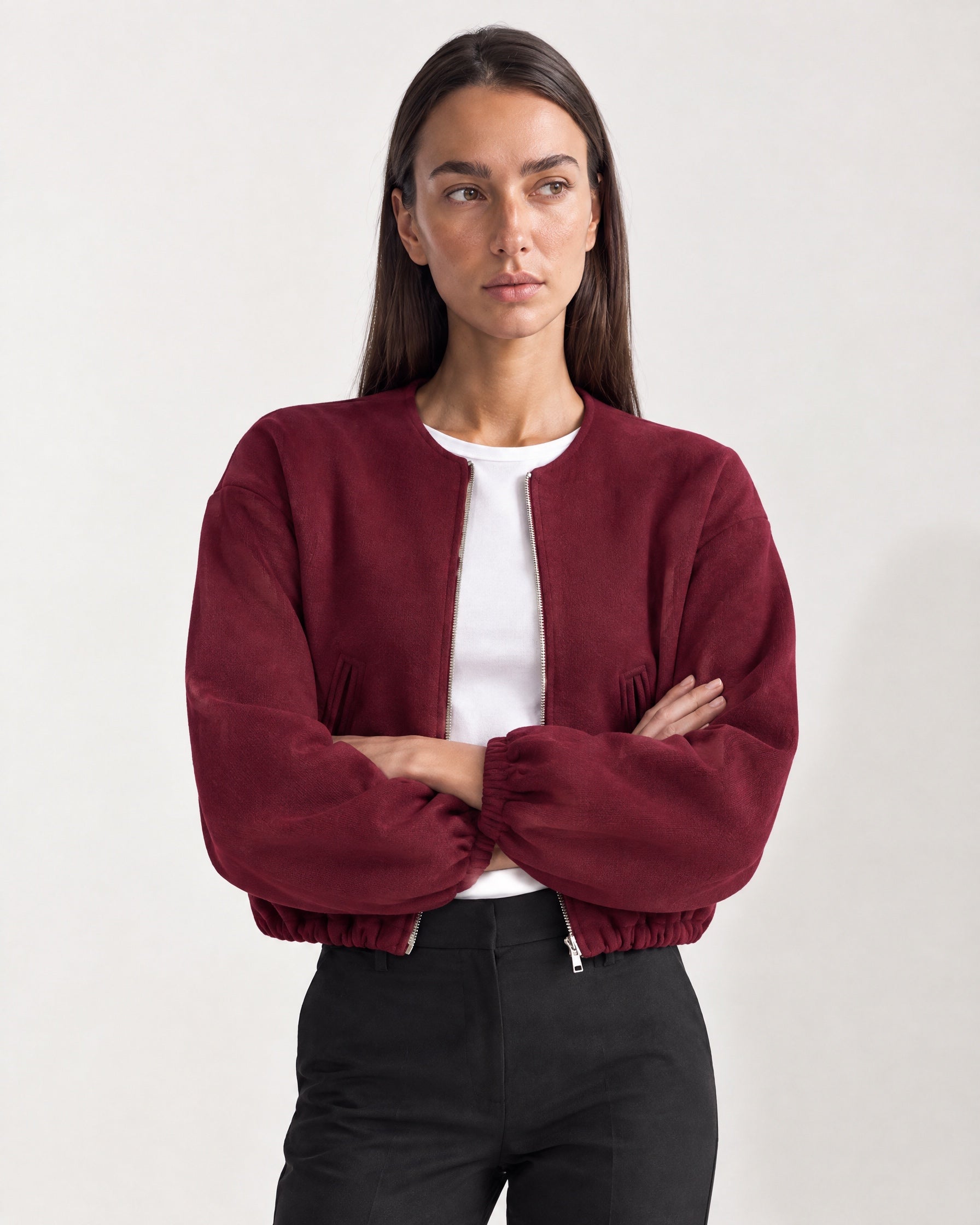 Burgundy Collarless Jacket Cropped Bomber Jacket with Round Neck and Zip Front