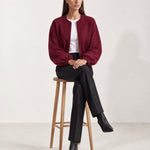 Burgundy Collarless Jacket Cropped Bomber Jacket with Round Neck and Zip Front