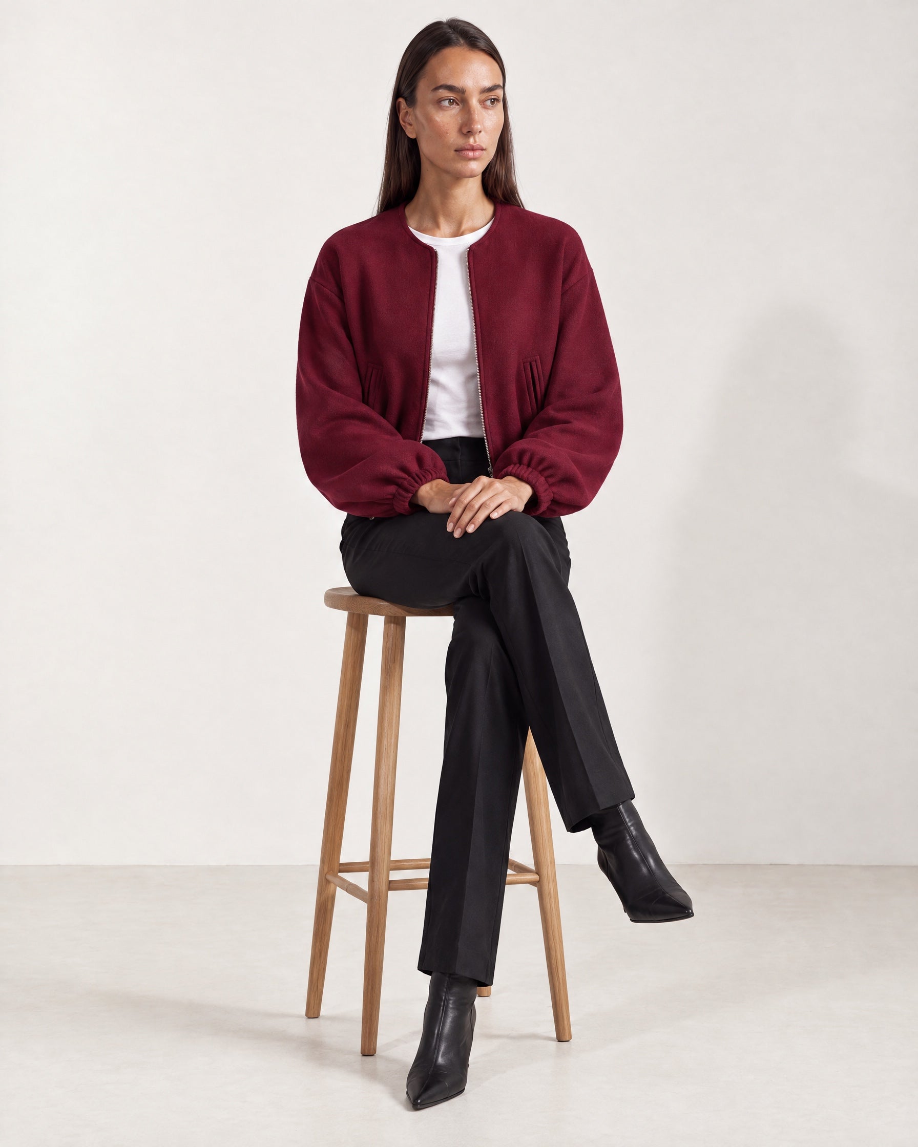 Burgundy Collarless Jacket Cropped Bomber Jacket with Round Neck and Zip Front