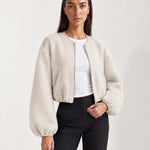 Cream Collarless Jacket Cropped Bomber Jacket with Round Neck and Zip Front
