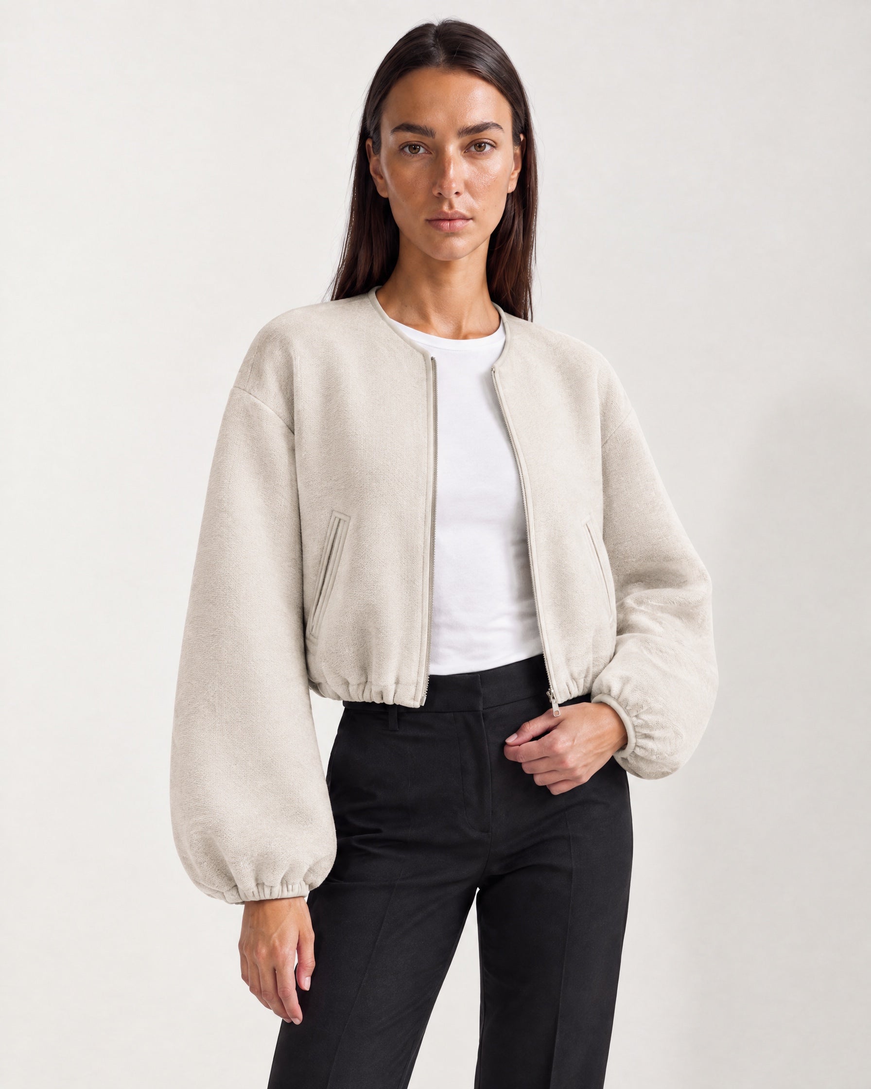 Cream Collarless Jacket Cropped Bomber Jacket with Round Neck and Zip Front