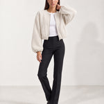 Cream Collarless Jacket Cropped Bomber Jacket with Round Neck and Zip Front