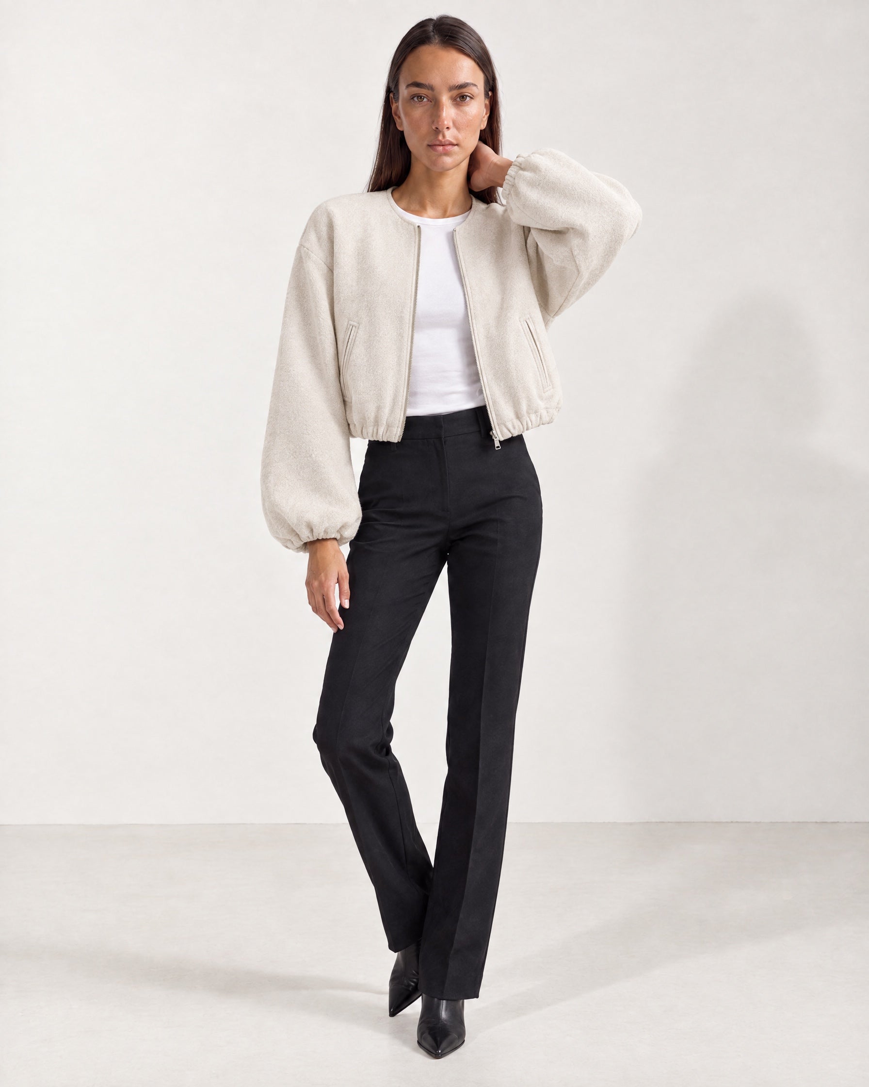Cream Collarless Jacket Cropped Bomber Jacket with Round Neck and Zip Front
