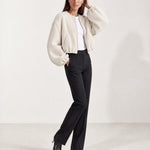 Cream Collarless Jacket Cropped Bomber Jacket with Round Neck and Zip Front