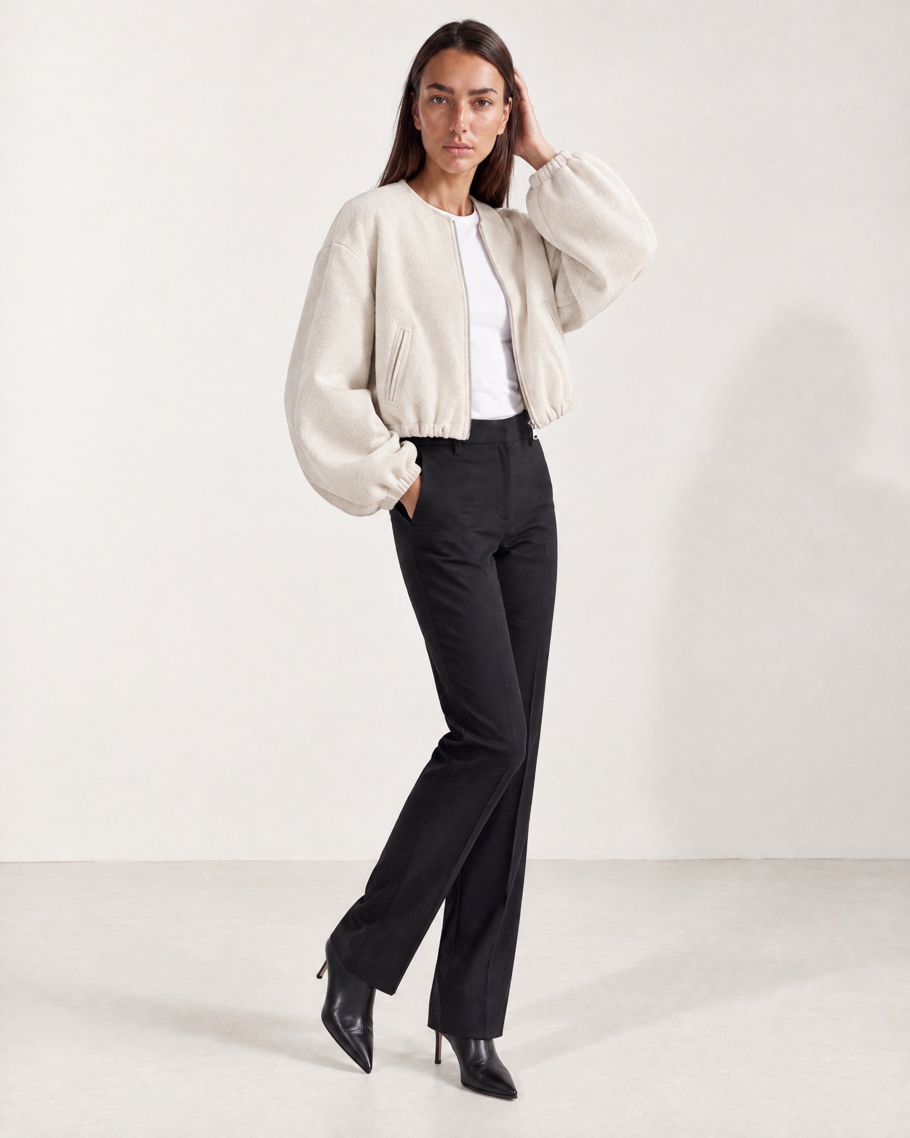 Cream Collarless Jacket Cropped Bomber Jacket with Round Neck and Zip Front