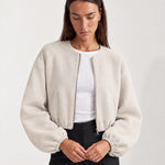 Cream Collarless Jacket Cropped Bomber Jacket with Round Neck and Zip Front