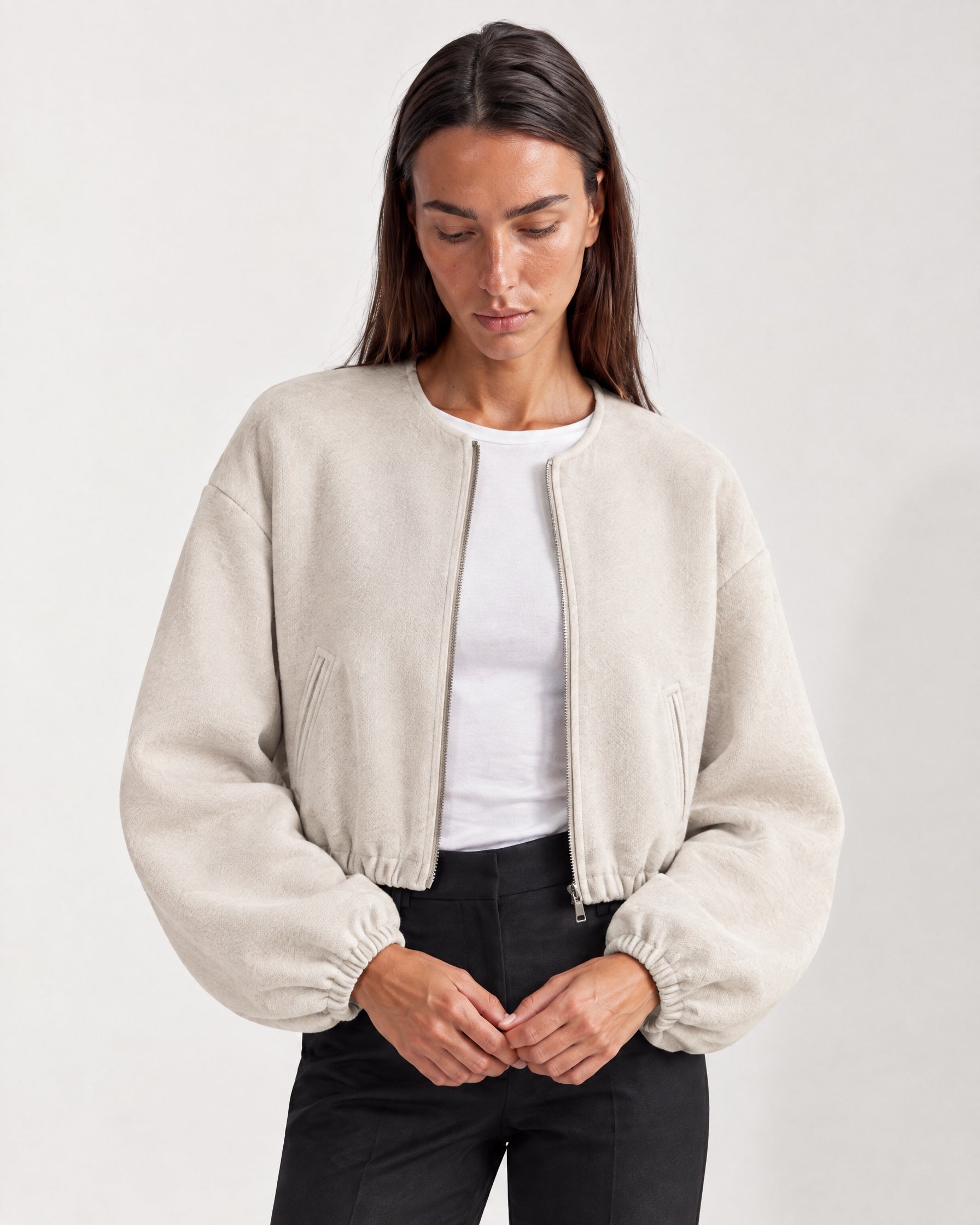 Cream Collarless Jacket Cropped Bomber Jacket with Round Neck and Zip Front