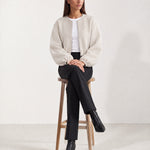 Cream Collarless Jacket Cropped Bomber Jacket with Round Neck and Zip Front