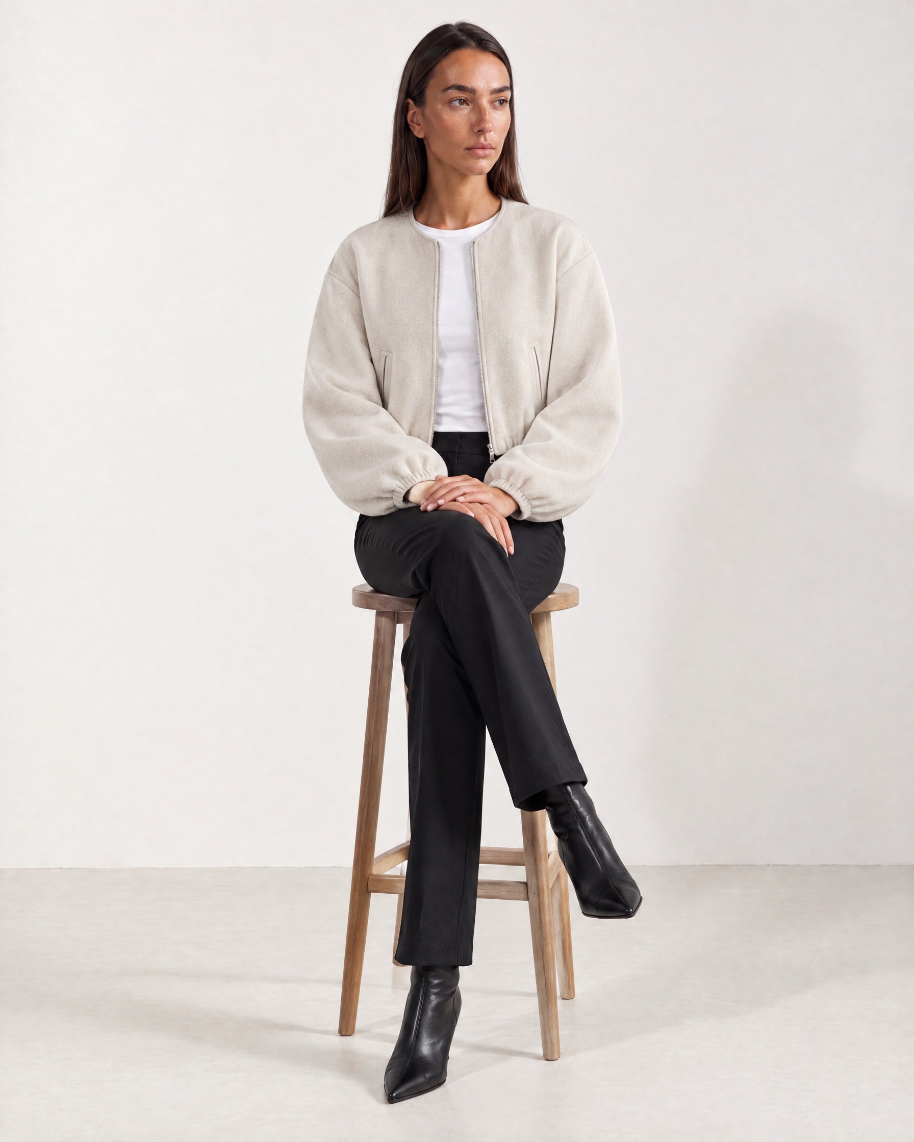 Cream Collarless Jacket Cropped Bomber Jacket with Round Neck and Zip Front