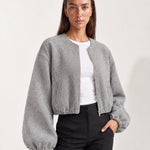 Grey Collarless Jacket Cropped Bomber Jacket with Round Neck and Zip Front