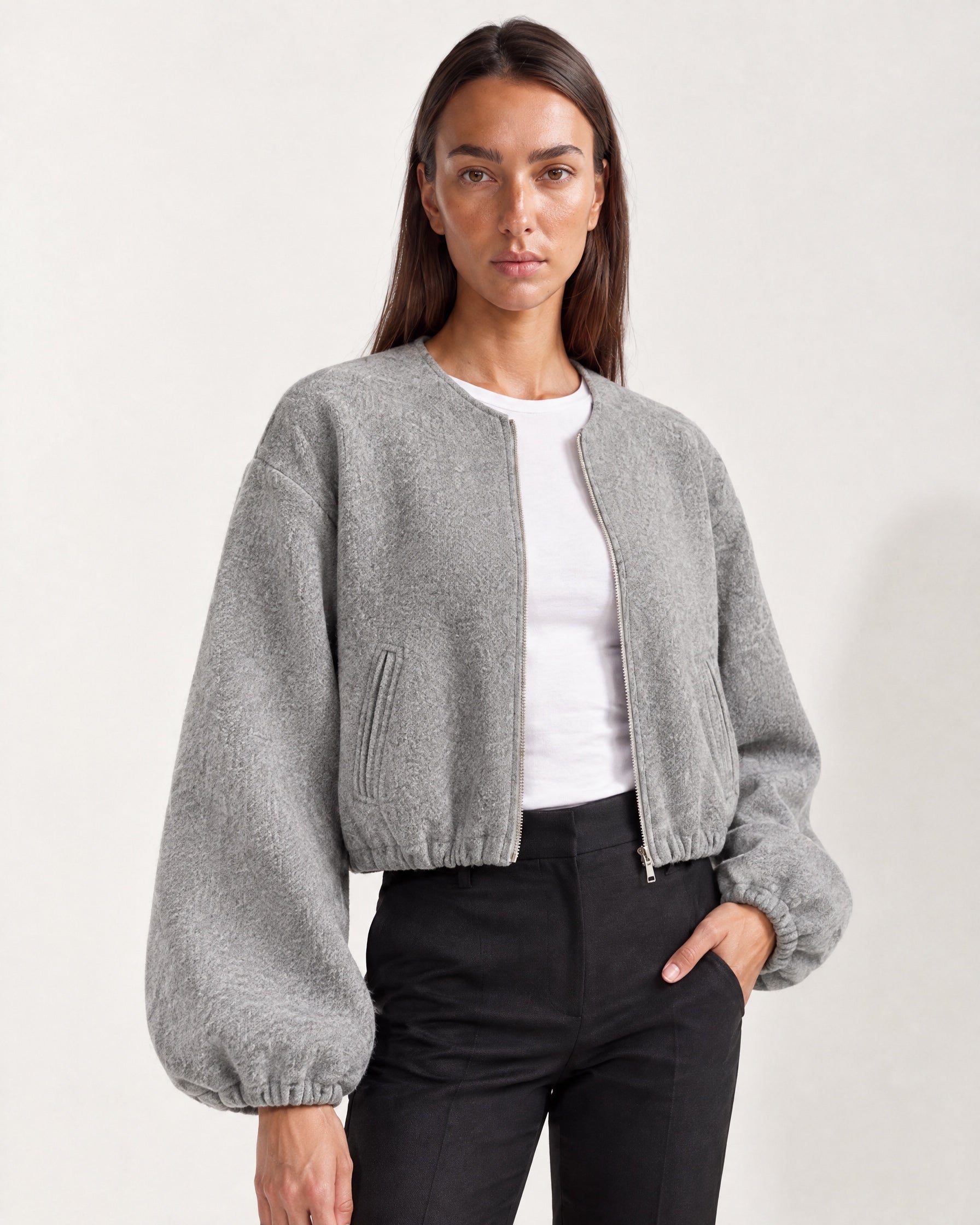 Grey Collarless Jacket Cropped Bomber Jacket with Round Neck and Zip Front