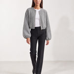 Grey Collarless Jacket Cropped Bomber Jacket with Round Neck and Zip Front