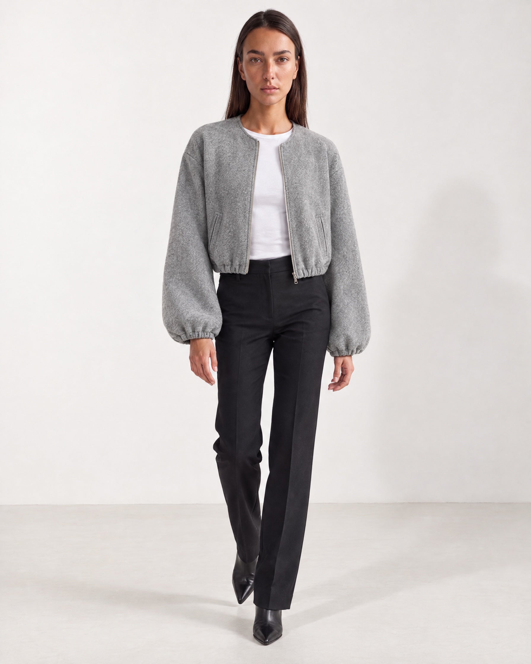 Grey Collarless Jacket Cropped Bomber Jacket with Round Neck and Zip Front