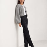 Grey Collarless Jacket Cropped Bomber Jacket with Round Neck and Zip Front