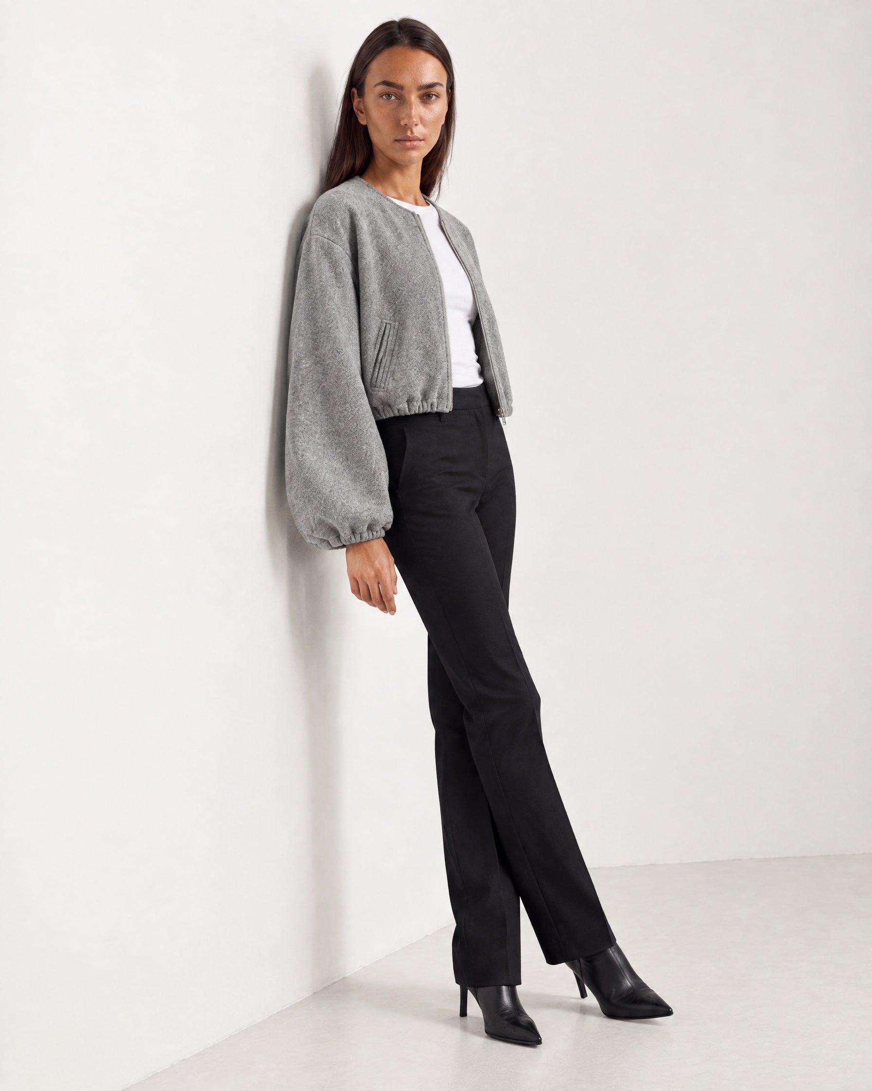 Grey Collarless Jacket Cropped Bomber Jacket with Round Neck and Zip Front