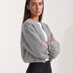 Grey Collarless Jacket Cropped Bomber Jacket with Round Neck and Zip Front