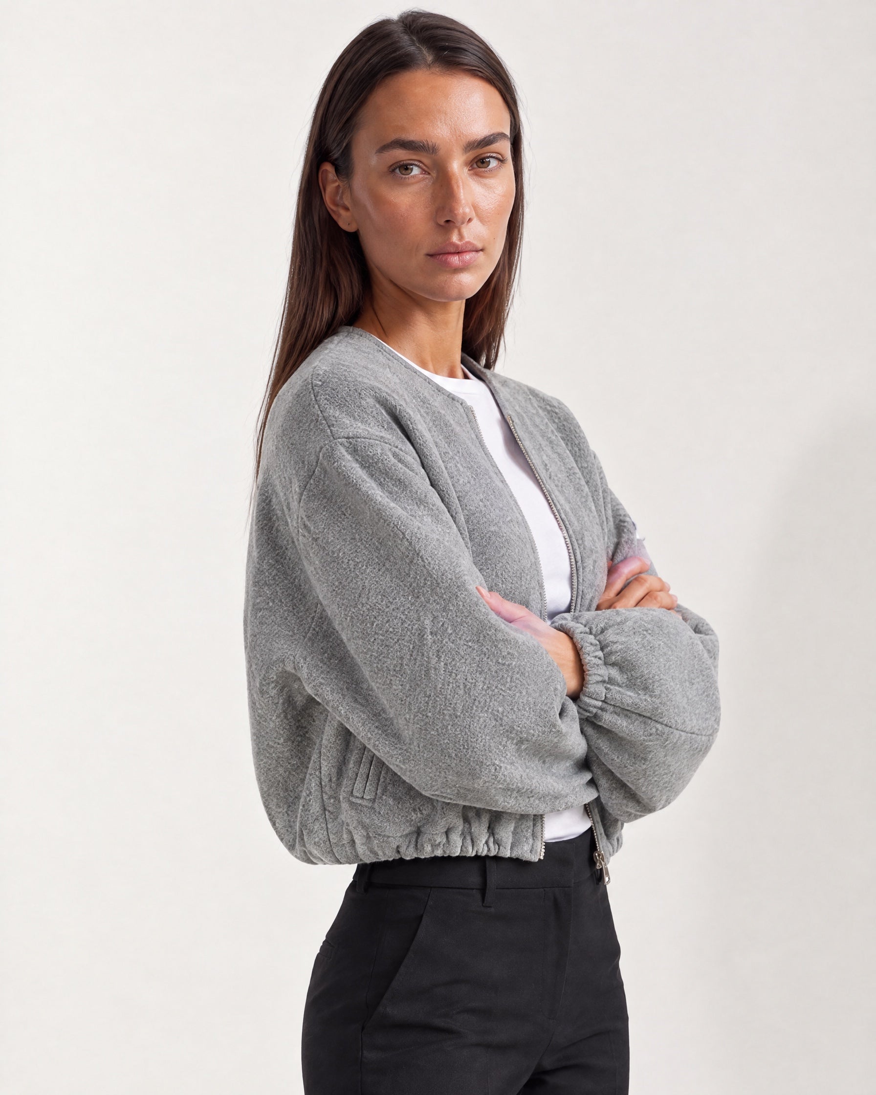 Grey Collarless Jacket Cropped Bomber Jacket with Round Neck and Zip Front