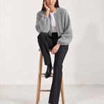 Grey Collarless Jacket Cropped Bomber Jacket with Round Neck and Zip Front