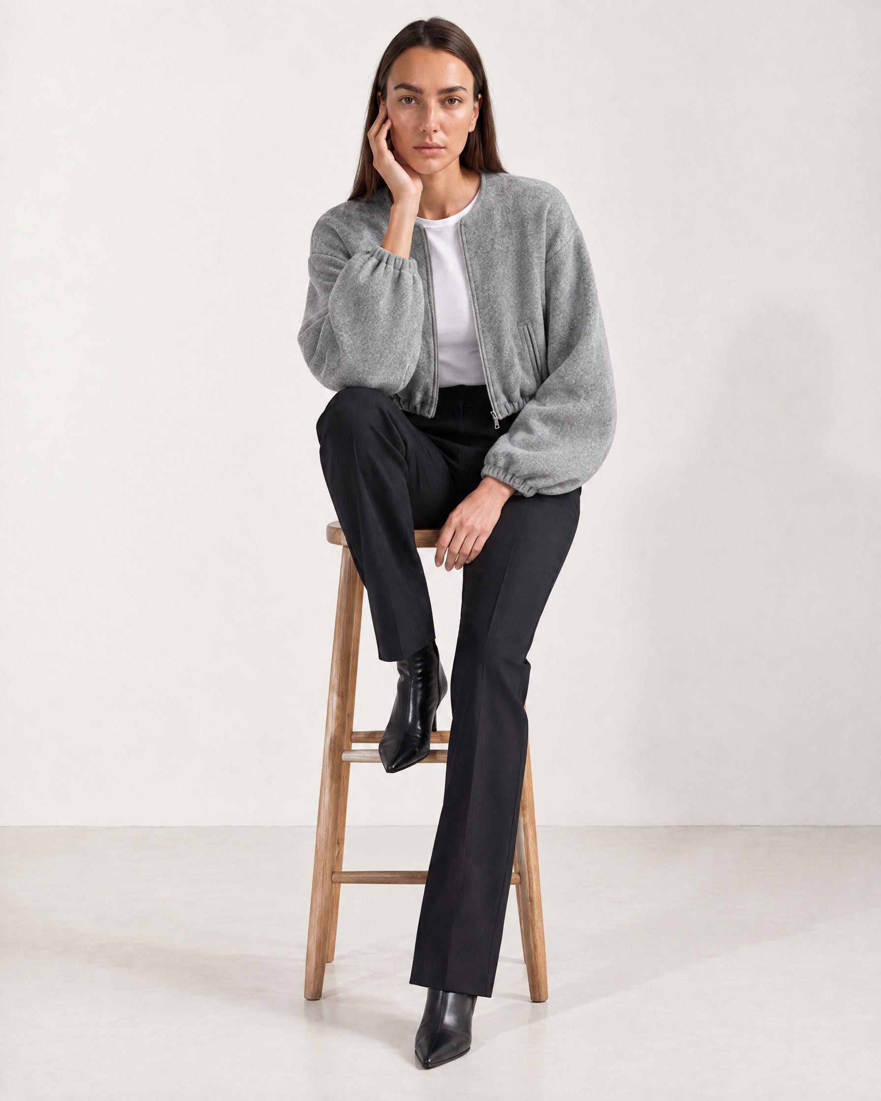 Grey Collarless Jacket Cropped Bomber Jacket with Round Neck and Zip Front