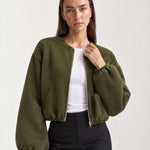 Olive Collarless Jacket Cropped Bomber Jacket with Round Neck and Zip Front
