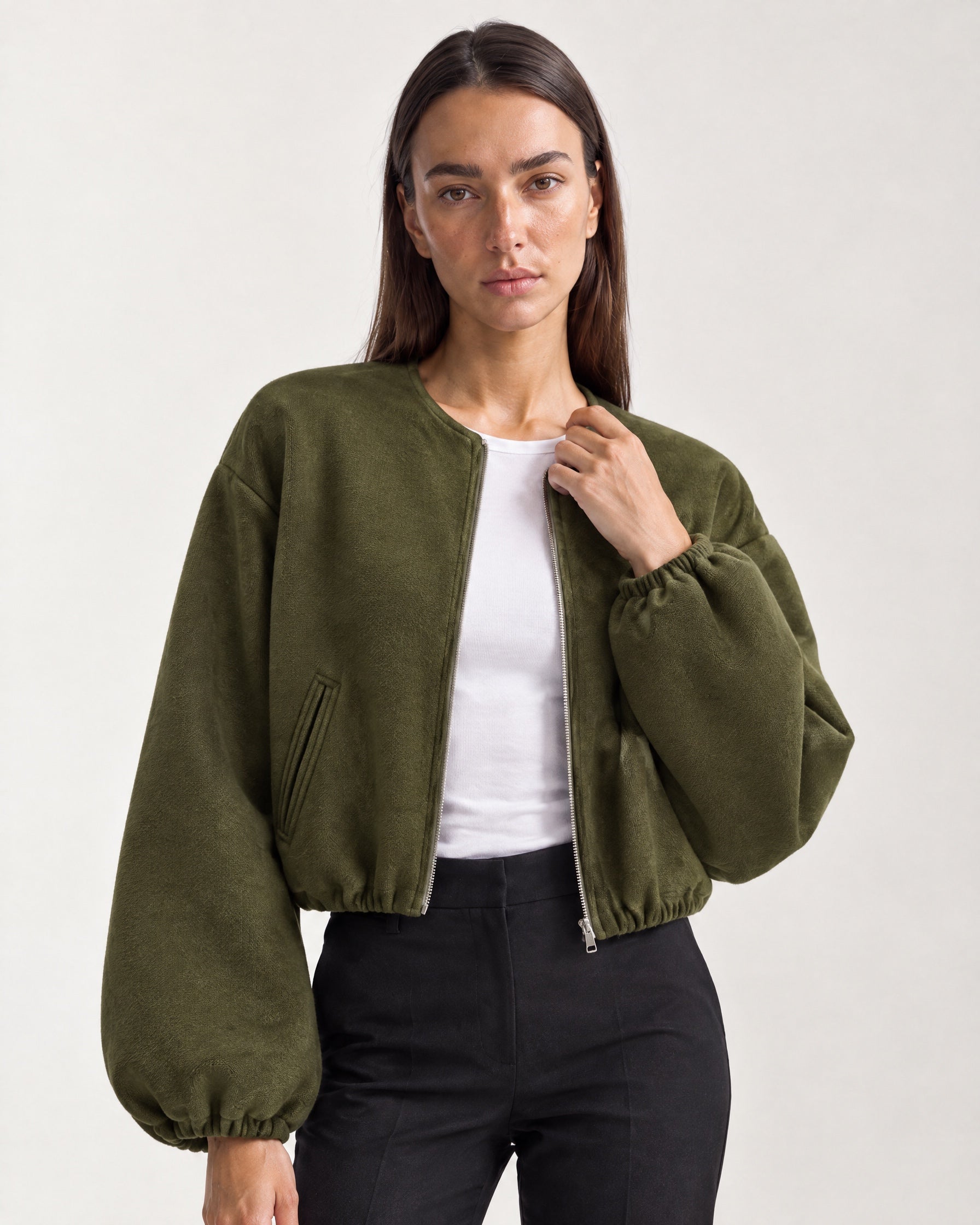 Olive Collarless Jacket Cropped Bomber Jacket with Round Neck and Zip Front