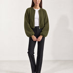 Olive Collarless Jacket Cropped Bomber Jacket with Round Neck and Zip Front