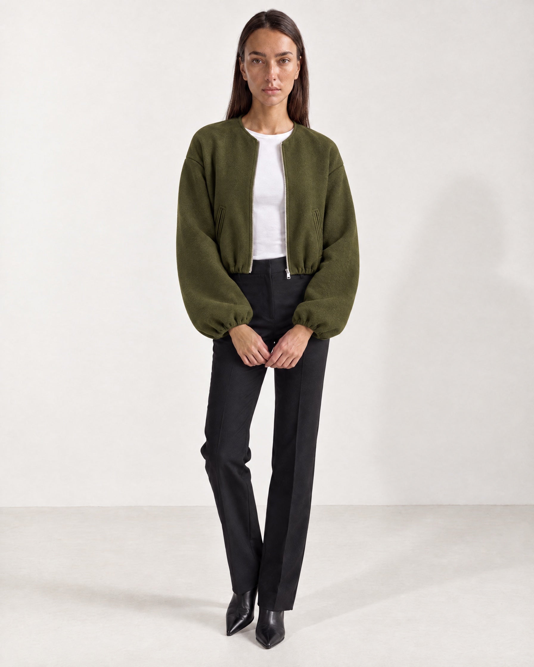 Olive Collarless Jacket Cropped Bomber Jacket with Round Neck and Zip Front