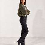 Olive Collarless Jacket Cropped Bomber Jacket with Round Neck and Zip Front