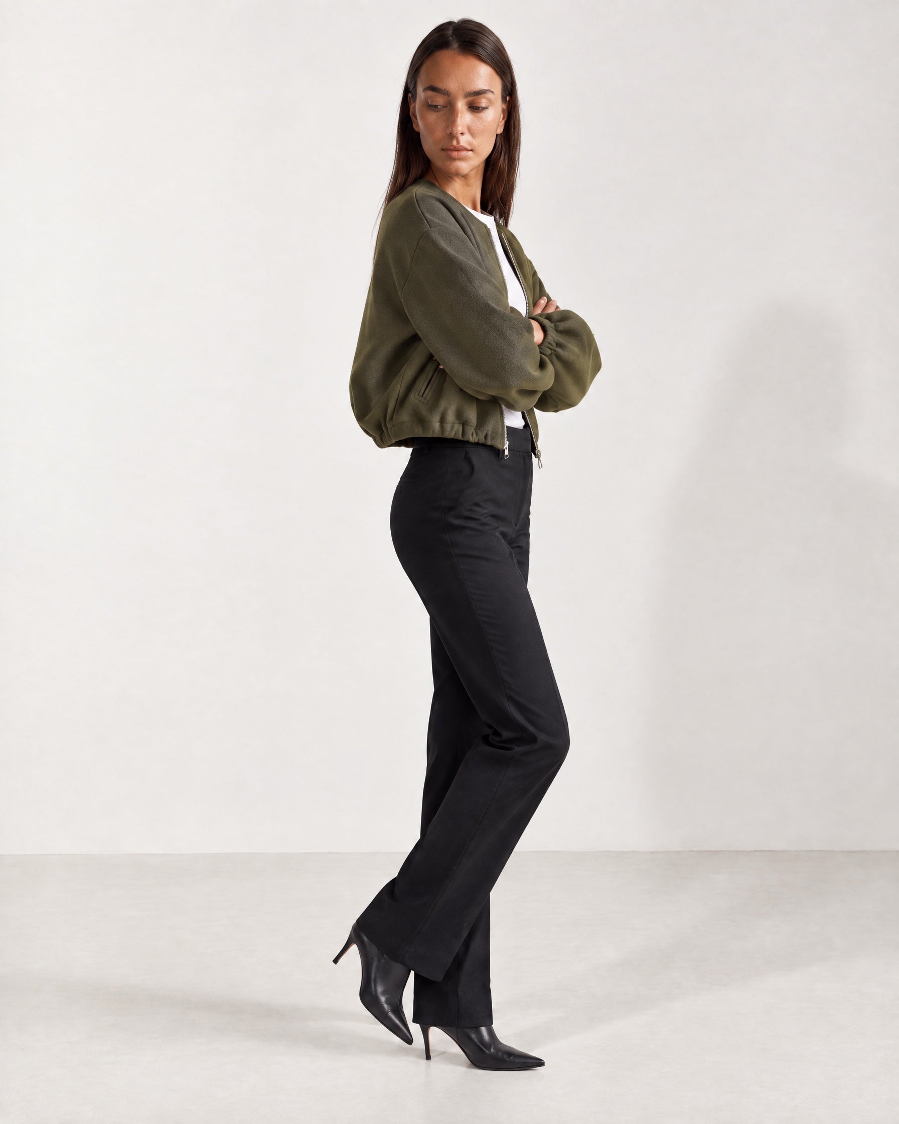 Olive Collarless Jacket Cropped Bomber Jacket with Round Neck and Zip Front