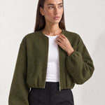 Olive Collarless Jacket Cropped Bomber Jacket with Round Neck and Zip Front