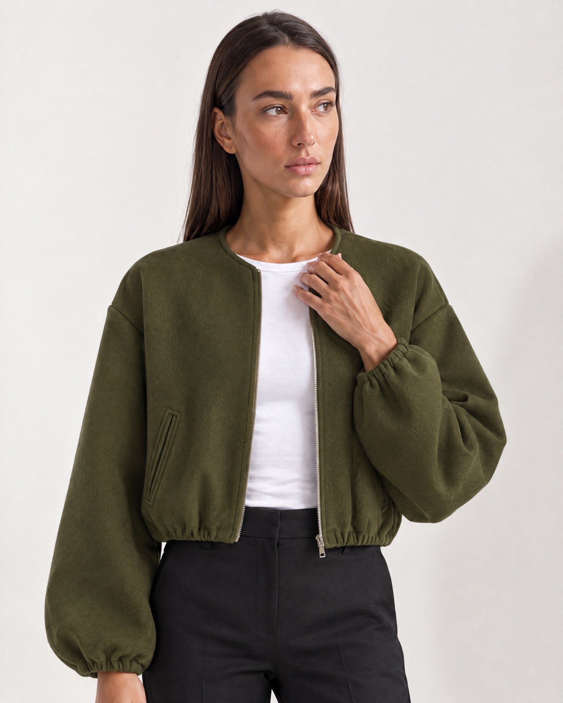Olive Collarless Jacket Cropped Bomber Jacket with Round Neck and Zip Front