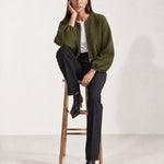 Olive Collarless Jacket Cropped Bomber Jacket with Round Neck and Zip Front